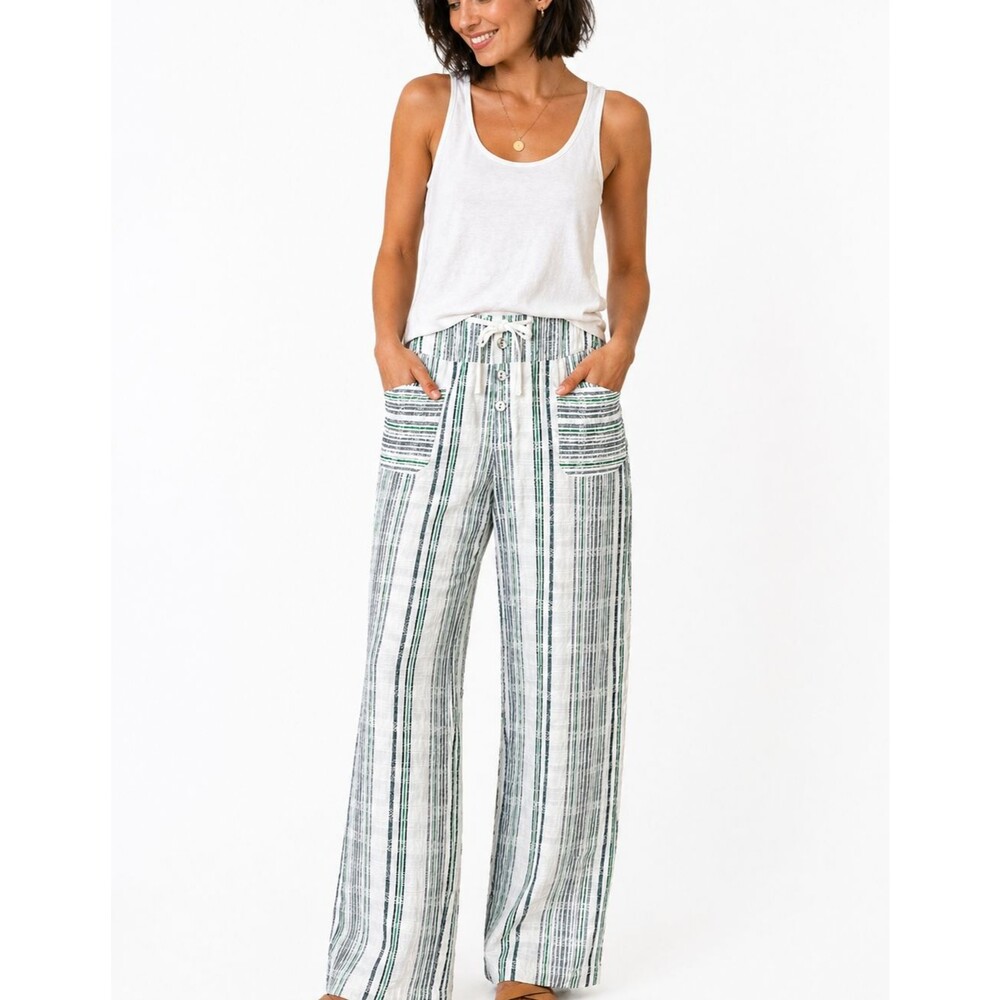 Sundance Gigi Pants Cotton Green Striped Size S Boho Drawstring Coastal Casual